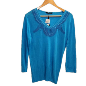 NWT Cable & Gauge blue stretch knit rayon 3/4 sleeve embroidered tunic top sz XL